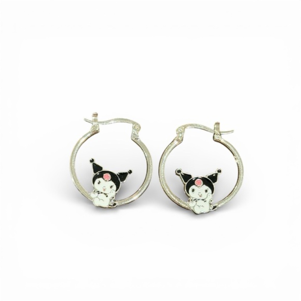Kuromi Silver Tone Hoop Earrings | Cute Pink & Black Dangle Fashion Jewelry
